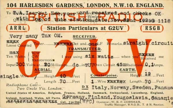 1925 QSL Card from Ham Operator Bill Corsham