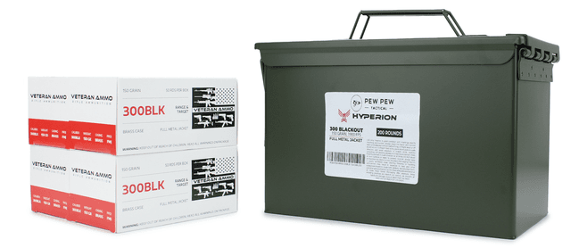 Pew Pew Exclusive Bundle Hyperion Munitions Veteran Ammo .300 Blackout 150 GR FMJ, 200rds + Ammo Can - $123.49 w/code "PEWPEW5P"