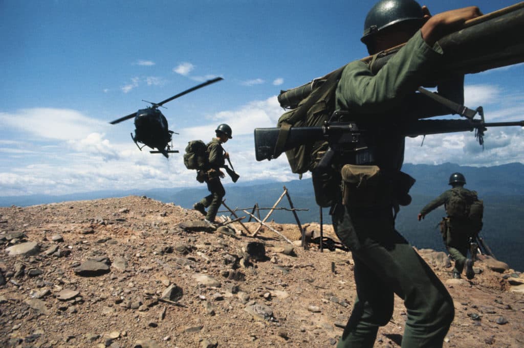 1972 US Army helicopters provide cover for ARVN troops near Firebase Birmingham