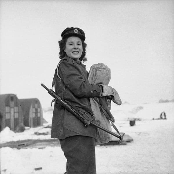 Private Kay Elms with a Sten