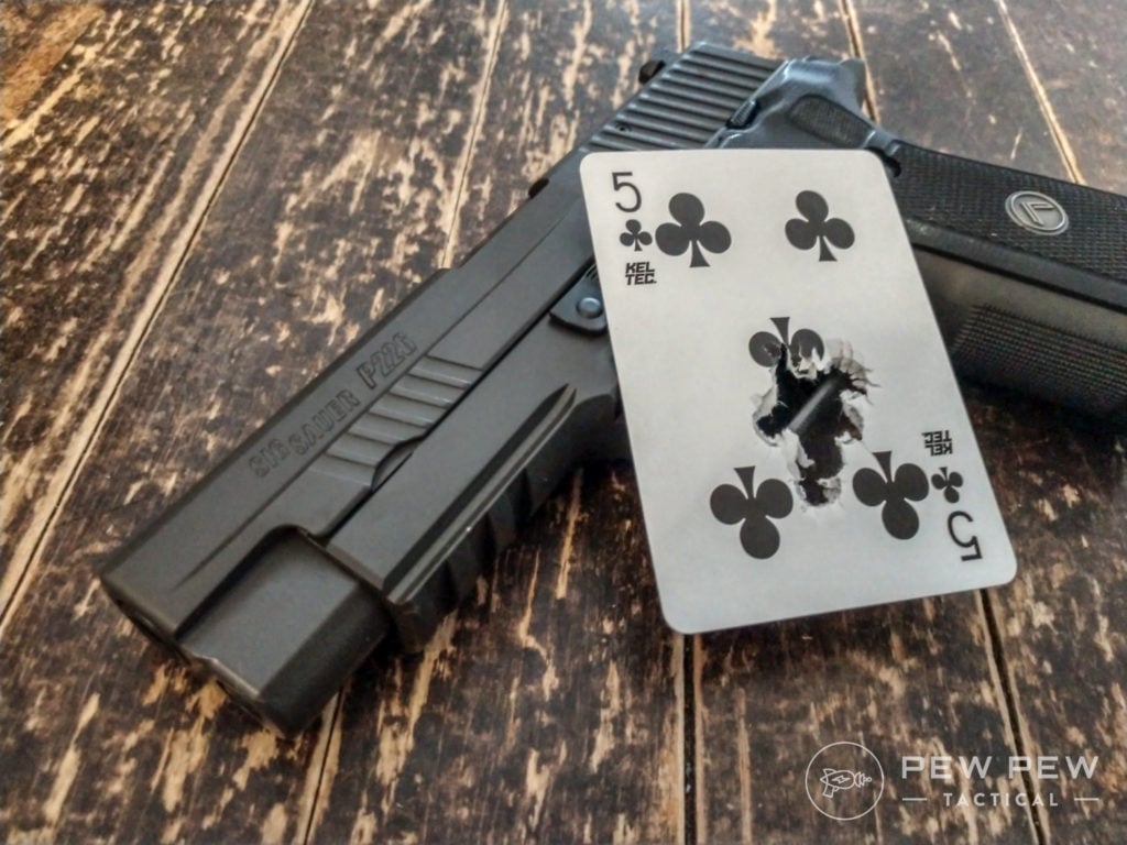 Playing card drill, anyone? The SIG P226 Legion produced this beautiful ten-round playing card drill the first magazine through the gun.