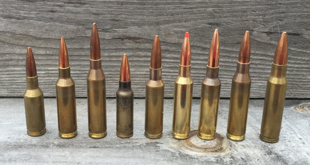 Left to right: 6mm Norma BR, 6×47 Lapua, 243 Winchester, 6.5 Grendel, 6.5×47 Lapua, 6.5 Creedmoor 120 A-MAX, 6.5 Creedmoor 142 SMK, 260 Remington, and 308 Winchester