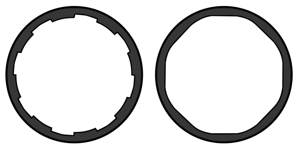 Conventional rifling (left) and polygonal rifling (right)