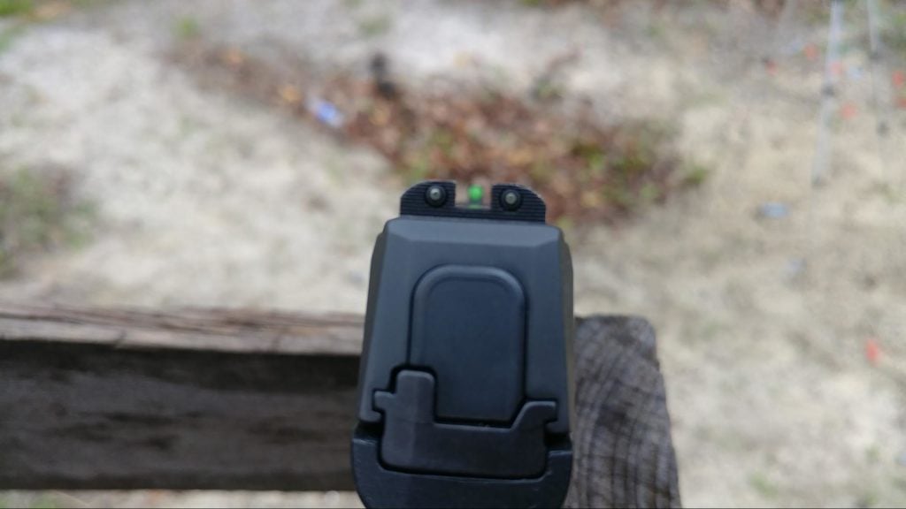 The rear sight rocks two tritium vials and besides that are blacked out. The rear sight is serrated to reduce glare in bright environments.