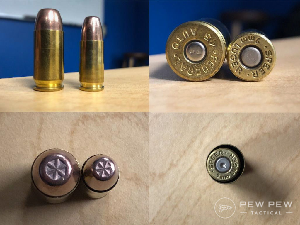 In the photos above you see a 230 grain .45 compared with a 115 grain 9mm. The size difference is pretty significant. On the bottom right, the .45 case can hold the 9mm with room to spare