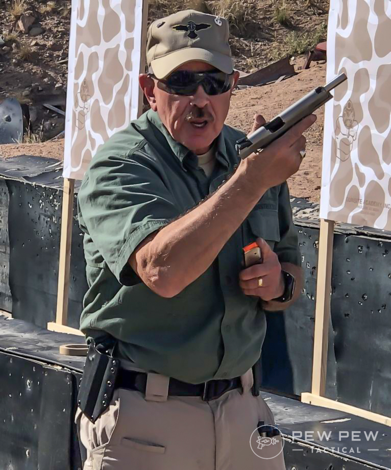 Gunsite is a fighting school, not just a shooting school.  Here Randy demonstrated reloading in your workspace so you can stay aware of threats (no head down).