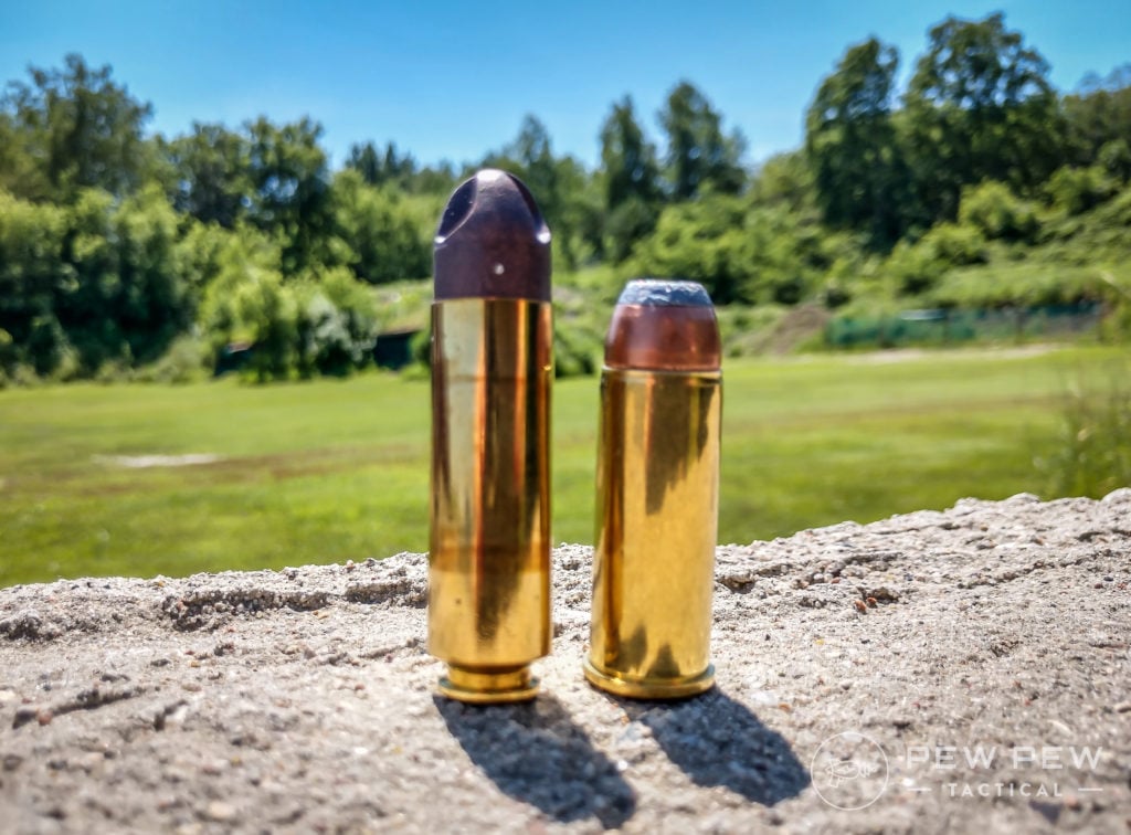 Inceptor’s .50 Beowulf, picture left, alongside Magnum Research Glacier Ridge’s .500 Linebaugh.