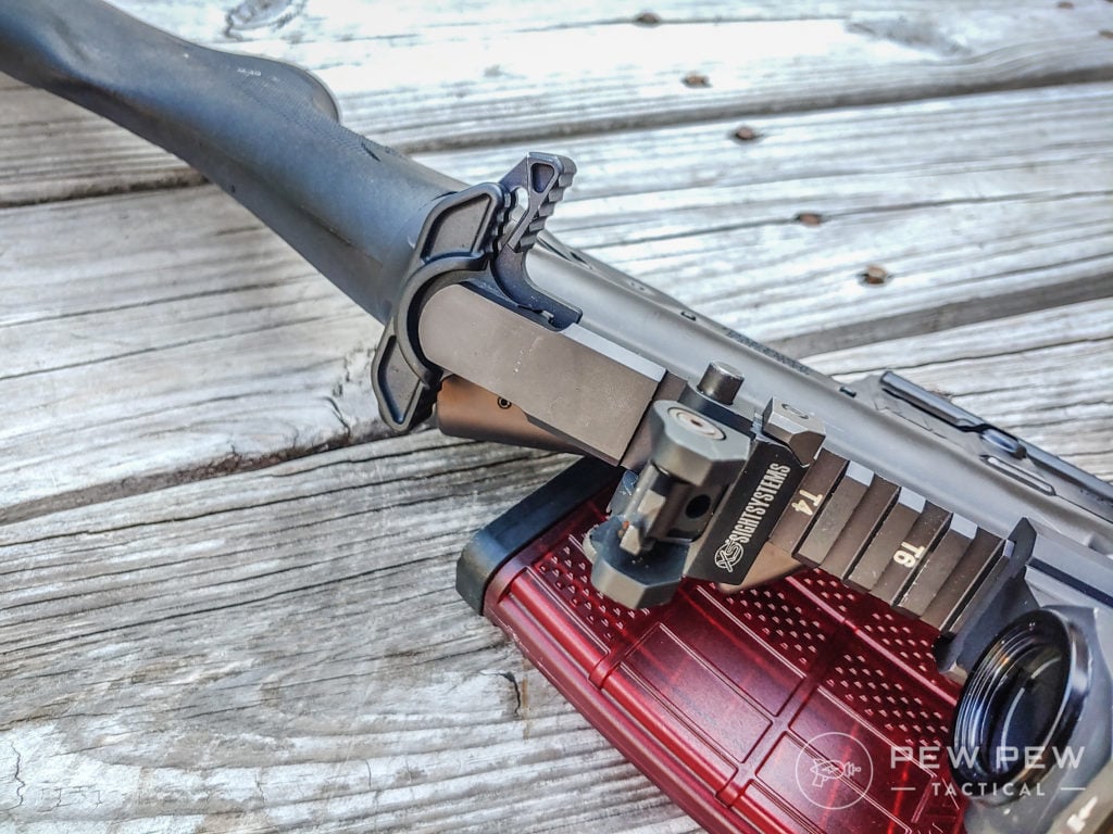 Ares SCR top view of charging handle and optic