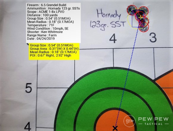 Typical sub-MOA 5-shot group with this rifle using Hornady SSTs