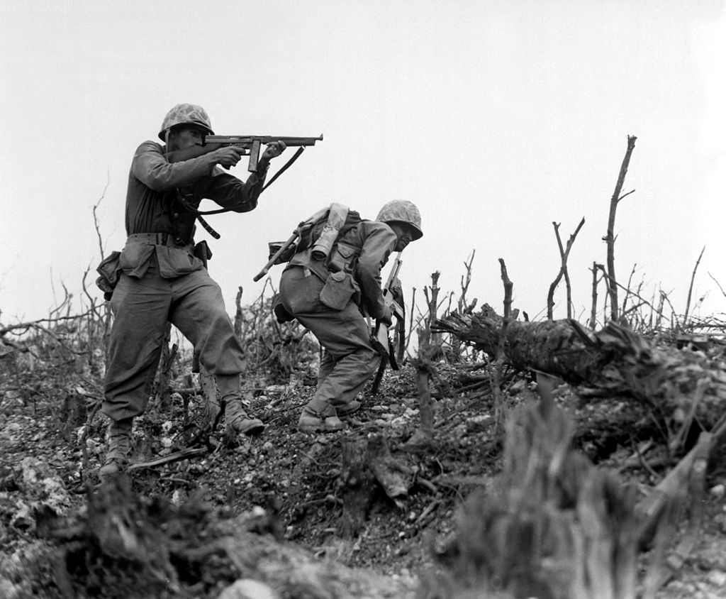 Marines with Tommy guns in Okinawa 1945