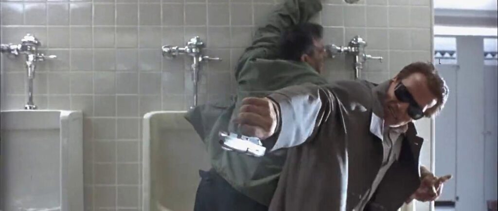 True Lies bathroom battle featuring California ex-governor Schwarzenegger and a Ruger KP90