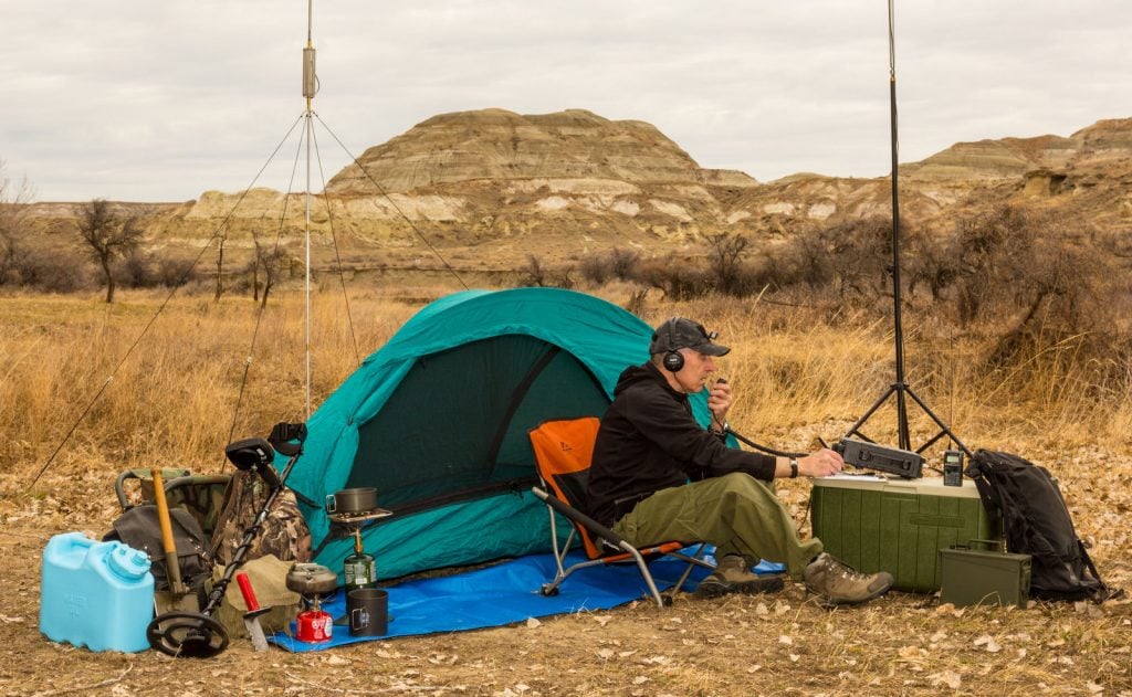 Ham radio operator camping after Hurricane Maria