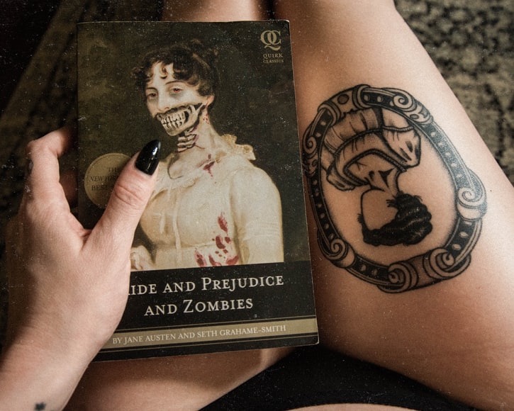 Pride and Prejudice and Zombies book with tattoo