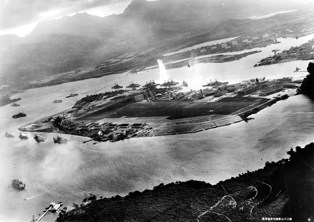 Battleship Row early in the attack on Pearl Harbor