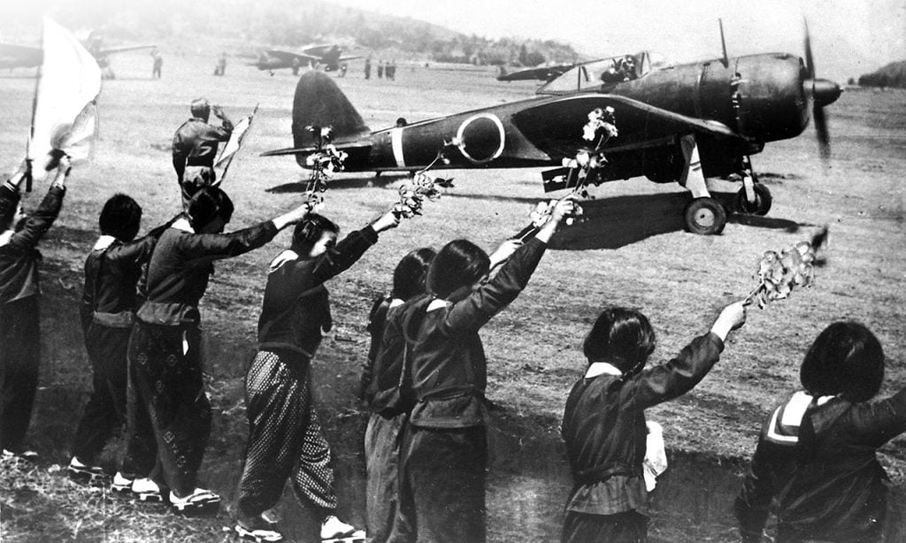 Japanese high school students seeing off a kamikaze pilot headed for Okinawa