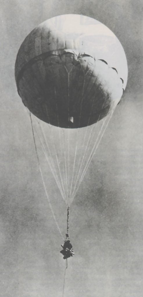 Japanese fire balloon of mulberry paper reinflated at Moffett Field, CA after it had been shot down by a Navy aircraft January 10, 1945