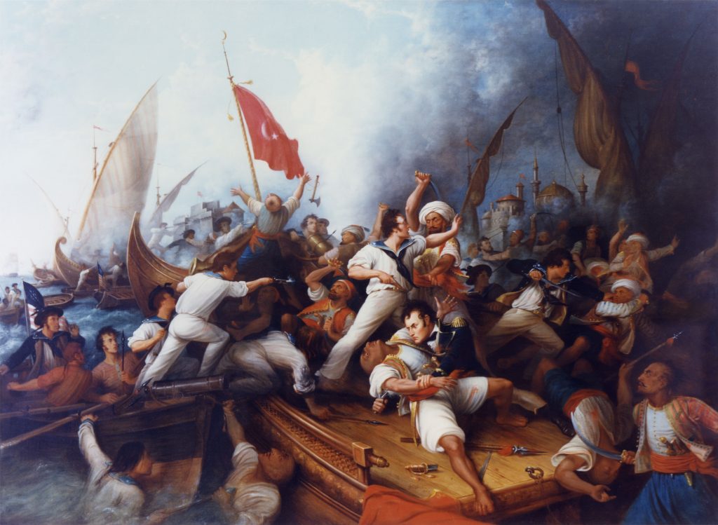 Decatur Boarding the Tripolitan Gunboat during the bombardment of Tripoli, 3 August 1804. Lieutenant Stephen Decatur (lower right center) in mortal combat with the Tripolitan Captain. (Dennis Malone Carter)