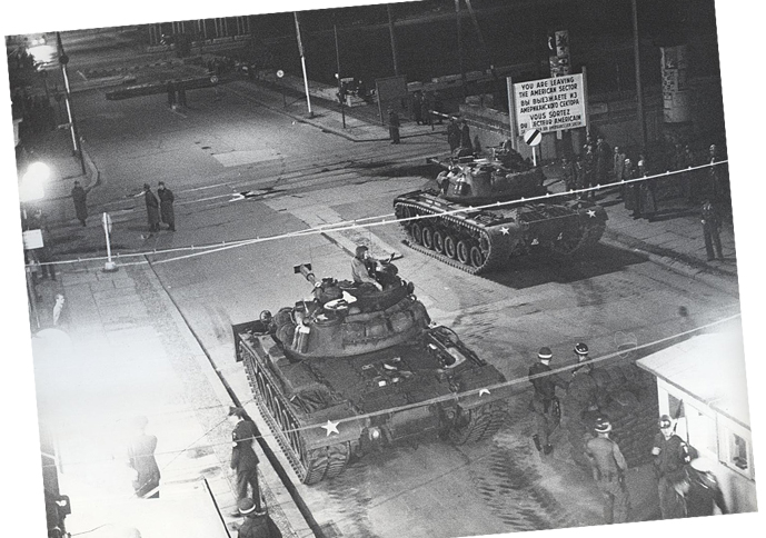 US tanks at night at Checkpoint Charlie