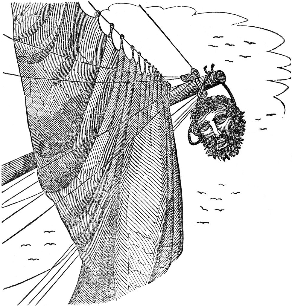 The pirate Blackbeard's head hanging from the bowsprit