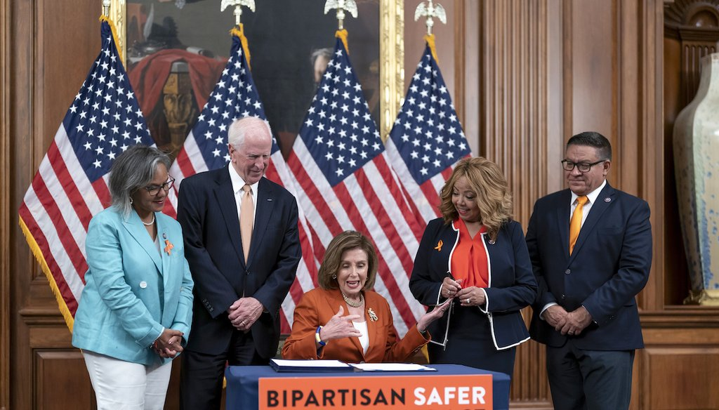 From left to right: Reps. Robin Kelly, Mike Thompson, Nancy Pelosi, Lucy McBath, and Salud Carbajal. (Photo: Politifact)